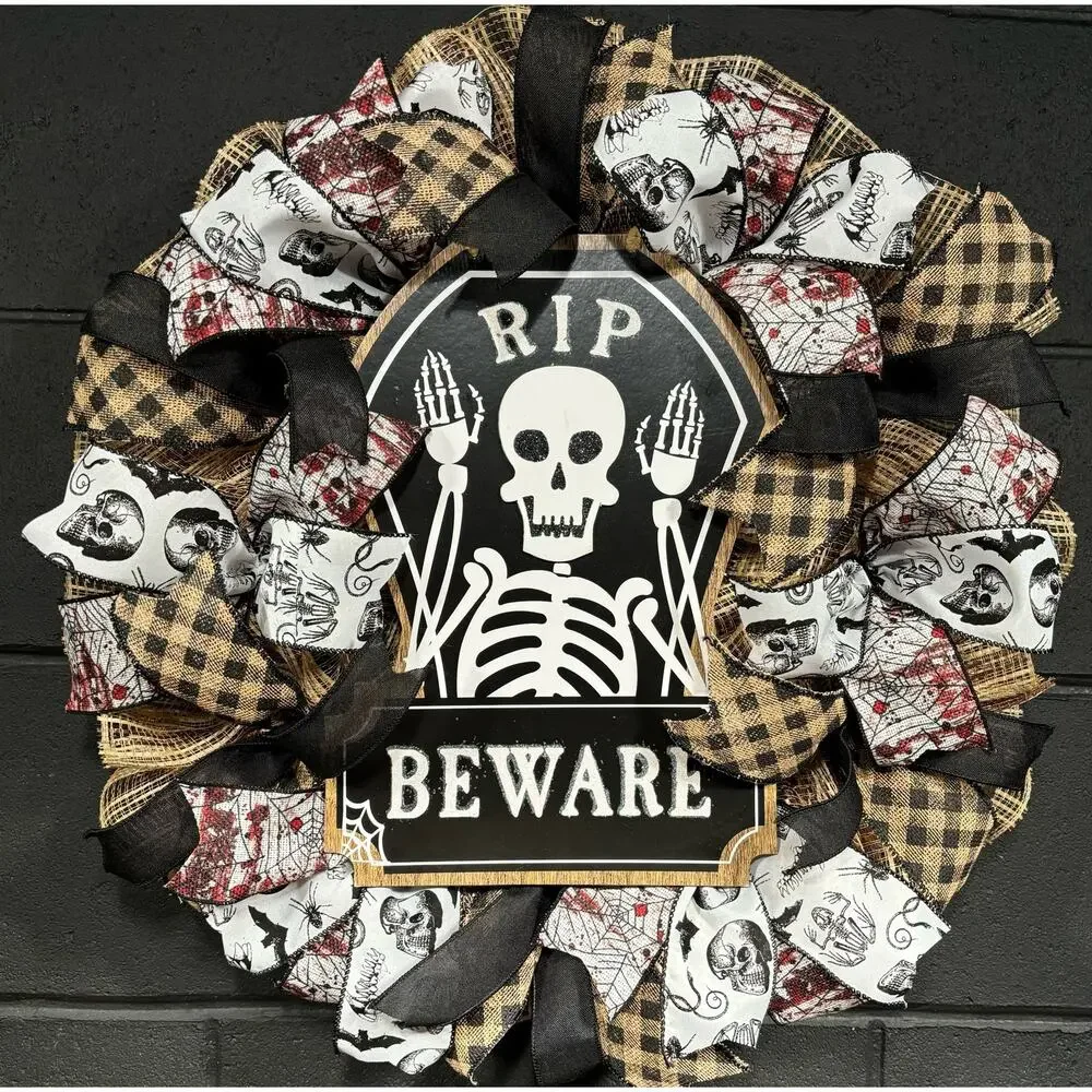 Halloween Wreath~Rustic Brown, Black, White Skeletons~Large~Front Door~Handmade